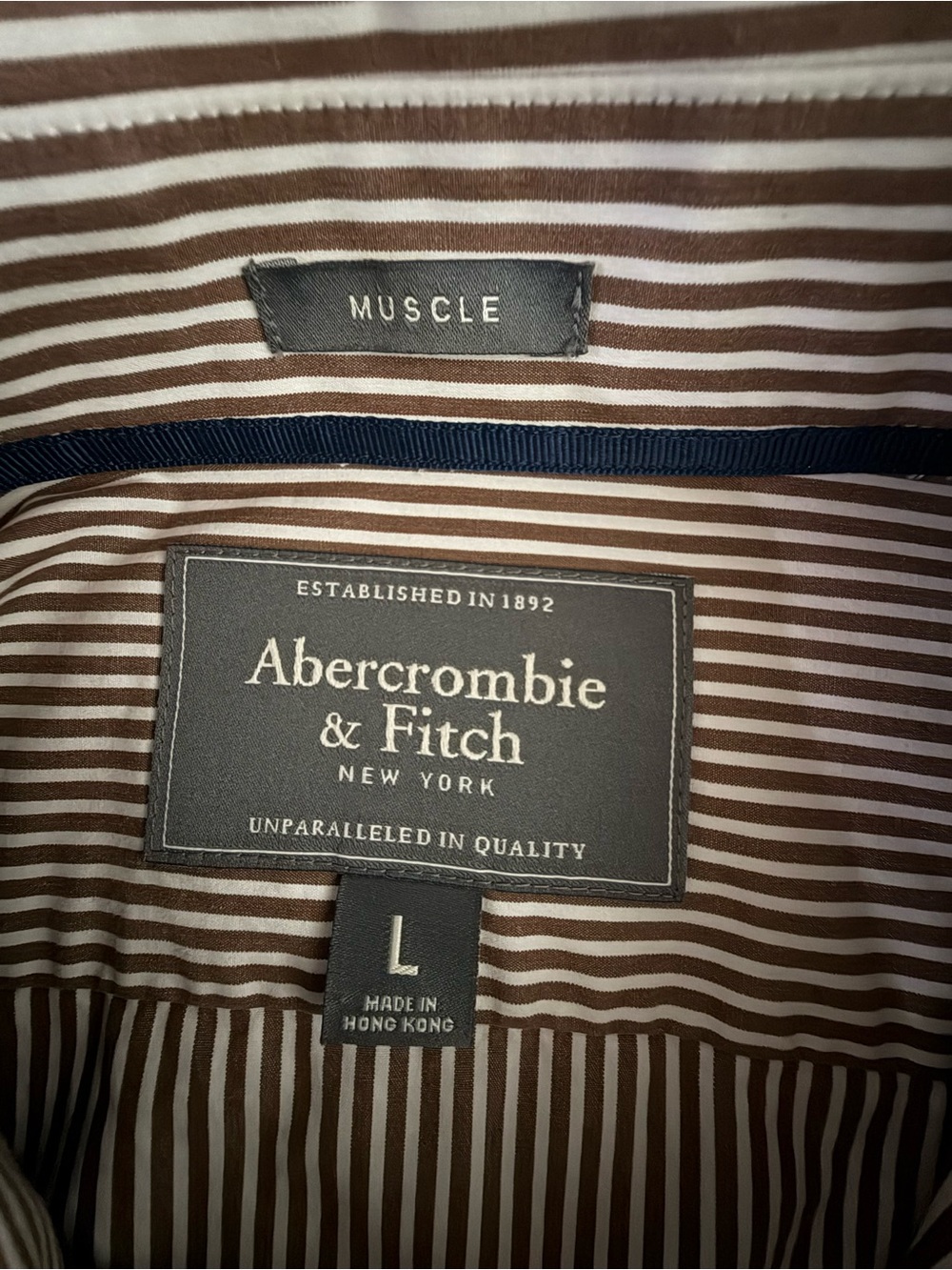 Abercrombie & Fitch Mens Brown/White Striped Muscle Fit Long Sleeve Button-Down - Picture 4 of 7